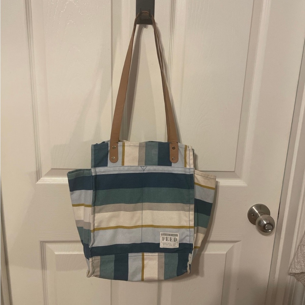 Striped Tote Bag - Blue and Tan